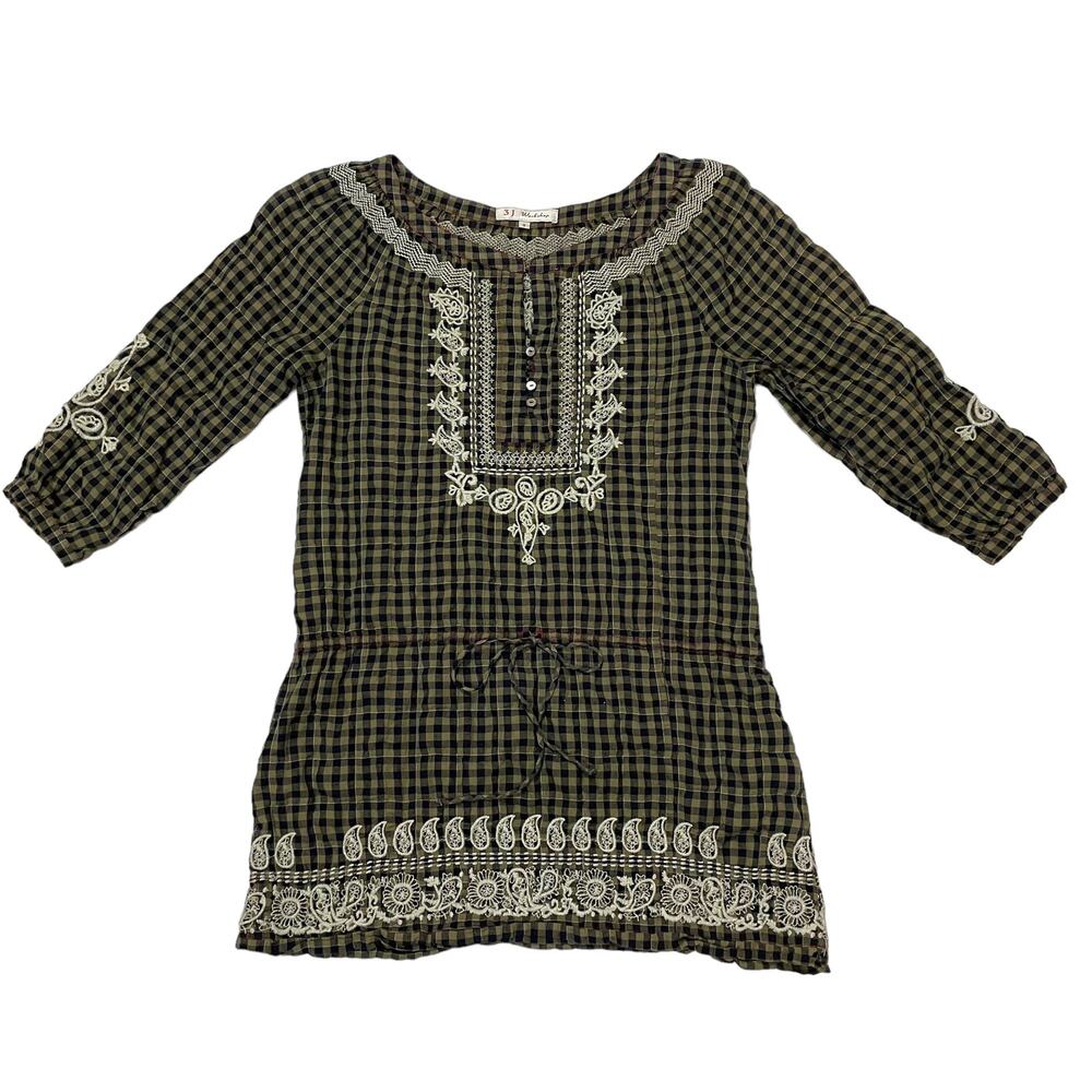 Johnny Was 3J Workshop Blue and Green Check Embroidered Tunic Top - Small